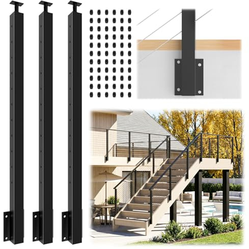 Gyykzz 3 Pack Side Mount Stair Cable Railing Post 36 (Post Body 44), Right Side Space-Saving Fascia Mount Deck Post for 36-38 Stair Railing, Black Stair Handrail Post for Indoor Outdoor Stairway