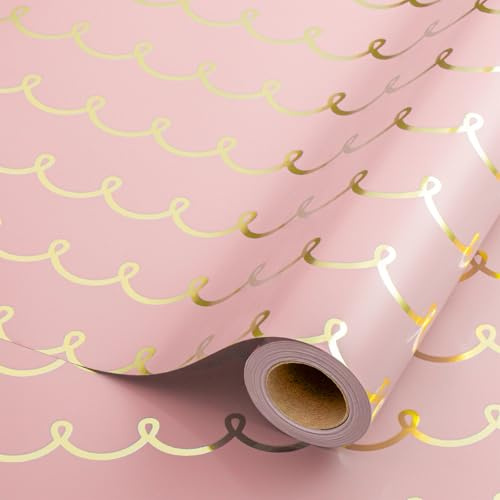Wikadlik rosa Geschenkpapier mit Goldfolie und Wellenstreifen - 43 cm x 10 m für Geburtstag, Hochzeit, Valentinstag, Verlobung, Dusche