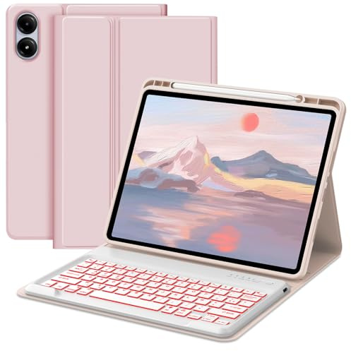 Coque Clavier pour Xiaomi Redmi Pad Pro 12.1 2024/Poco Pad 12.1 Pouces | 7 Couleurs Rétroéclairées, Étui Keyboard Détachable Bluetooth sans Fil, AZERTY Français avec Porte Crayon, Rose clair