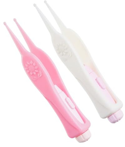 Vaguelly 2 Pcs Led Ear Cleaner and Visible Earpicks for Babies and Toddlers, Flexible Plastic Nose and Earwax Removal Tools Button Battery, White and Pink Set