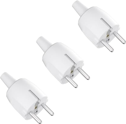 Enchufe Schuko pack de 3, 250 V 16 A, enchufe con toma de tierra y protección contra doblez, enchufe Schuko recto IP20 con alivio de tensión, para cables hasta 1,5 mm², blanco