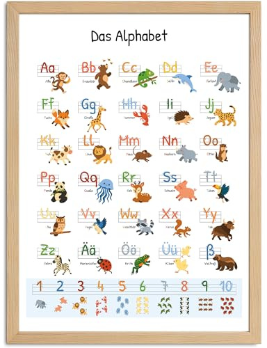 SpecialMe® Poster Alphabet für Kinder Lernposter Buchstaben Zahlen ABC Tiere Geschenk Einschulung Lernen | DIN A5, A4, A3
