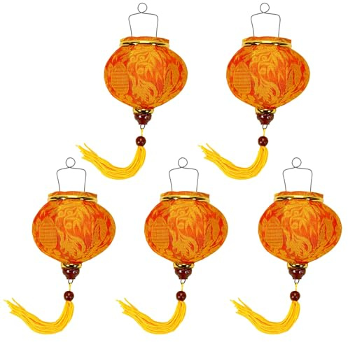 Set mit 5 kleinen asiatischen Laternen aus Seide, Orange R, Durchmesser 10 cm – traditioneller Hoi an Lampion aus Stoff, Bambus und Holz – Dekoration und Handwerk aus Vietnam (S56-8293)