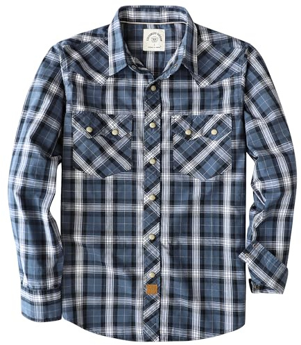 Dubinik Pärla snäpp-skjortor för män långärmad lätt ledig västerländsk pläd cowboy bomull vintage arbetsskjorta, Marinblå och vit, L