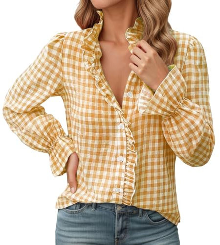 Generisch Chemisier à manches longues pour femme avec carreaux Vichy et détails froncés - Chemisier de style campagne | Haut ludique avec boutonnière et col en V, L