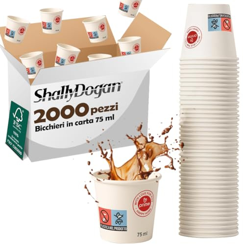BAKAJI 2000 Bicchierini da Caffè Monouso Capacità 75 ml, Tazzina in Carta Usa e Getta Riciclabili per Hotel, B&B, Casa, Feste ed Eventi, Tazze Resistenti Biodegradabili e Ecosostenibili (Bianco)