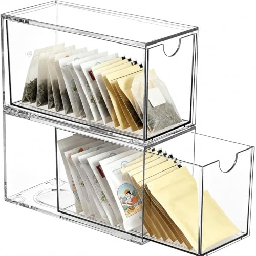 Veyera Acrylic Storage Organizer, Clear Tea Bag Storage Drawer Stackable | Acrylic Coffee Capsules Container Countertop Drawer Design, Kitchen Spice Packet Organization