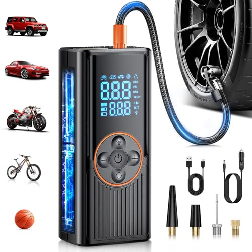 Compresor Aire Portátil 8000mAh, 150PSI Inflador Ruedas Coche, Inflador Eléctrico con Doble Alimentación Recargable, Pantalla Digital y Luz LED, Apagado Automático, para Coche, Moto, Bicicleta, Pelota