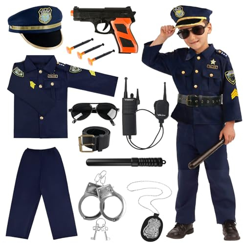 Aitsite Polizei Kostüm Kinder – 10-tlg. Polizistenkostüm mit Hemd, Hose, Hut, Gürtel, Metall-Handschellen, Kettenabzeichen, Spielzeugpistole, Polizeiknüppel, Walkie-Talkie und Brille für Karneval