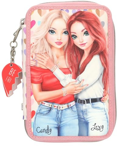 Depesche 13708 TOPModel Heart to Heart - Gefüllte 2-Fach Federtasche in Rosa und Beige, mit Model Motiv und Herzen, Federtasche
