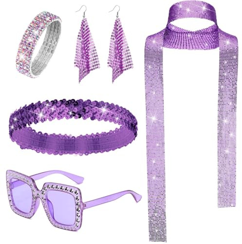 Disco Kostüm Accessoires Damen, 5-Teiliges 70er 80er 90er, Für Karneval Fasching Halloween (Lila)