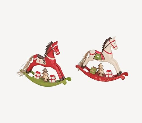 Seyila Home Deko Schaukelpferd aus Holz in Zwei Farben, Weihnachtsdeko, Handmade, Nostalgisches Design, Pferd (Rot, 14x12 cm)