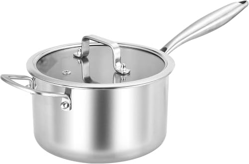 Nontoxicook Professional 20cm 3.3L Uncoated Tri-Ply Saucepan with Lid | Stainless Steel Sauce Pot for Sauces, Ramen and Stews, Suitable for All Hobs Including Induction and Oven Safe