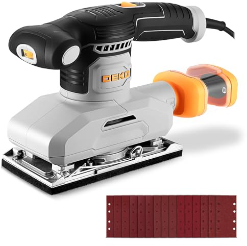 DEKOPRO Lijadora Orbital de 280W, 6 Velocidades, Disco de Lijado de 90 x 187 mm, Incluye 15 Hojas de Lija, Apta para Proyectos de Bricolaje en Madera