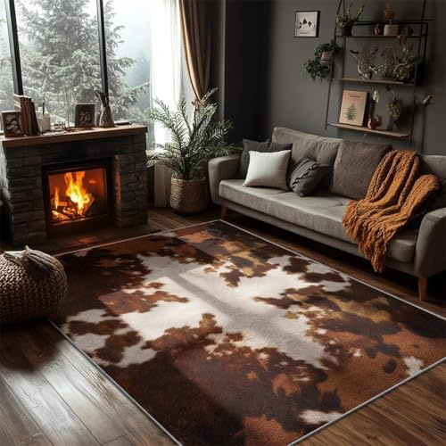 Arzunsy Western Cowhide Print Area Rug 160x230cm, Brown & White Animal Skin Pattern Rugs, Non-Slip Easy Clean Washable Low Pile Carpet for Living Room, Dining Room, Dorm & Bedroom