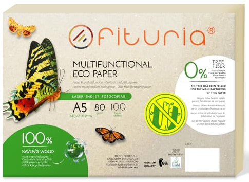Recyclingpapier A5, 80 g, 100 Blatt, zu 100% aus Recyclingpapier hergestellt, Packung Recycling papier DIN A5, naturfarben, geeignet für Laser- und Tintenstrahldrucker – Ofituria (100 Blatt)