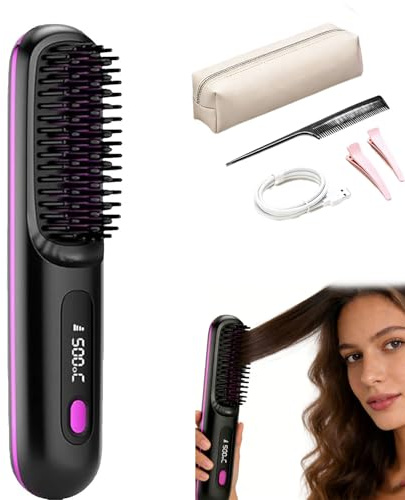 Clinora Styling Bürste für Kurzes Haar, Glättbürste Kabellos Stylingbürste mit 3PX-Keramik-Borsten, 160-200°C Temperatureinstellung, LCD-Display, Tragbare Haarbürste (Schwarz)