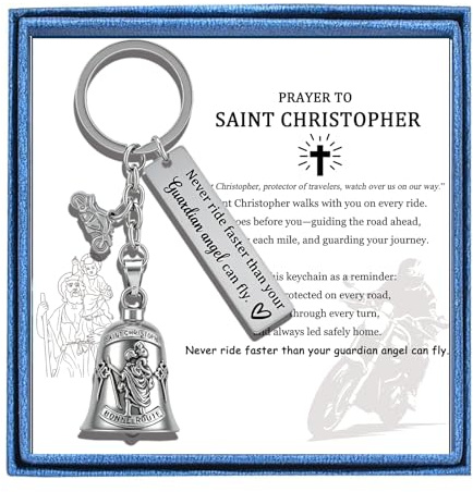 Religious Guardian Bell Motorcycle New Rider Blessing Gift for Men Women Protection Keychain Gremlin Bell Gifts (St Christopher)