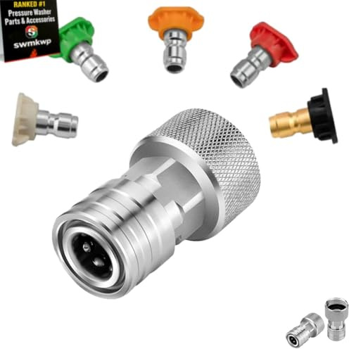 Garden Hose to Pressure Washer Adapter 3/4 Female 1/4 Quick Connect Power Wash Attachment Mini Water Connector for HighPressure Cleaner Stainless Steel Leak Proof Nozzle Pipe(Connector+5 Nozzle Set)