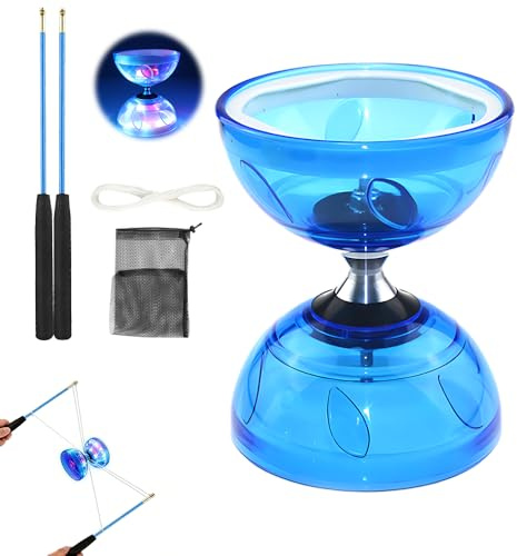XPJBKC LED Diabolo mit Kugellager, LED Diabolo Freiläufer Blinkendes Dreifache, Lagerung Set mit Ersatzseil 10m, Profi-Stange, Netzbeutel, Licht D-iabolo für Kinder, Erwachsene, Anfänger und Profis