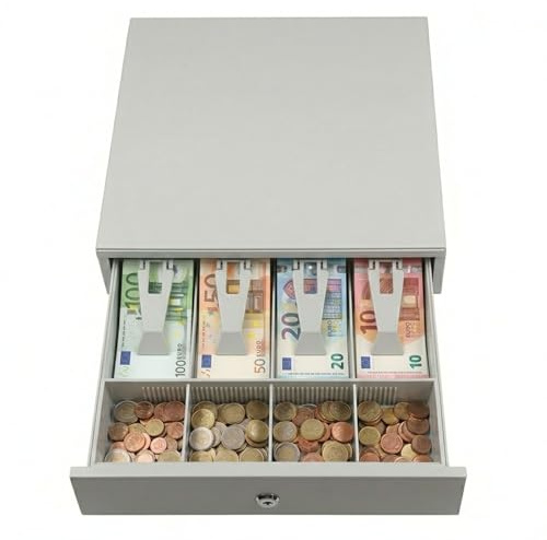 Tiroir-caisse pour caisse enregistreuse - 33 x 36 cm - Ouverture automatique RJ11 ou manuelle avec clés - Organisateur d'argent 4 compartiments pour billets 4 pour pièces - Structure métallique