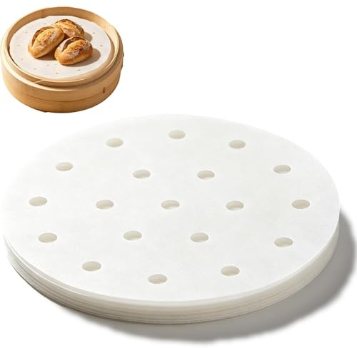 150 Sheets Bamboo Steamer, Liners Round Parchment Paper 8 Inch Perforated Non Stick Greaseproof Baking Paper Heat Resistant Air Fryer Liners for Steaming Cooking Baking Kitchen Use Home Chefs