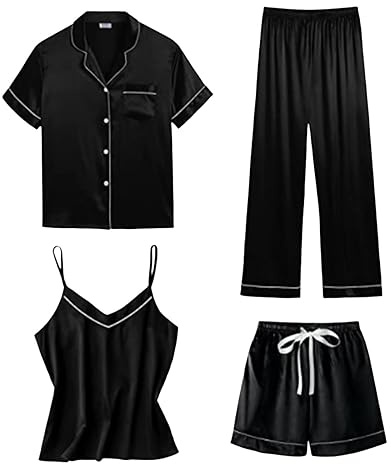 Sidenpyjamas dam kort sexig, satinpyjamas dam 4 delar set – hemmadräkt lätta sovkläder stora storlekar nattkläder ärmlös pyjamas tunna hemmakläder elegant fritidsoverall knappar loungewear, svart, S