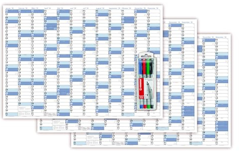 3 Stück XL Wandkalender DIN A1 2026 blau, nass abwischbar inkl. Stifteset Kalender Format 59,4 x 84,1cm Jahresplaner Wandplaner gerollt