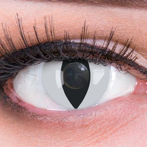Lenti a contatto Funnylens, 1 paio, colore: bianco e nero, effetto occhio di gatto o vipera, perfette per Carnevale, con protezione anti rotazione,contenitore lenti incluso