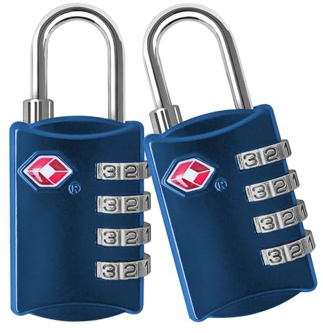 TSA Bagagelås (2-pack) – fyrsiffriga hänglås i kombination med stål – godkänt resväskor och bagage – TSA-lås (2, blå och blå)