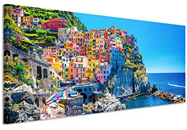 Paul Sinus Art Panoramabild 150x50cm Landschaftsfotografie – Farbenfroher Hafen, Cinque Terre, Italien auf Leinwand exklusives Wandbild moderne Fotografie für ihre Wand in vielen Größen