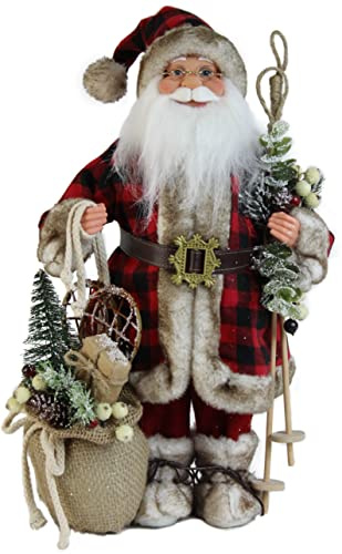 Windy Hill Collection 16 Inch Standing Buffalo Plaid with Burlap Toy Sack Santa Claus Christmas Figurine Figure Decoration 168280