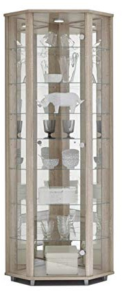 LOCKABLE Home Oak Effect Corner Glass Display Cabinet, 7 Glass Shelves, Mirror Back, Spotlight