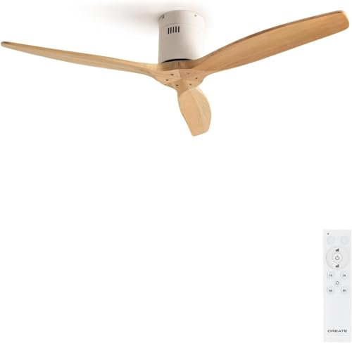 CREATE / WINDCALM M/Ventilateur de plafond ABS avec télécommande blanc pales effet bois clair / 40W, Silencieux, Ø132 cm, 6 vitesses, minuterie, été-hiver, double hauteur