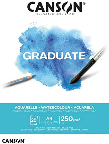 CANSON Graduate, Aquarellpapier, fein, 250 g/m², an der kurzen Seite geleimter Block, DIN A4 21 x 29,7 cm, Naturweiß, 20 Blatt