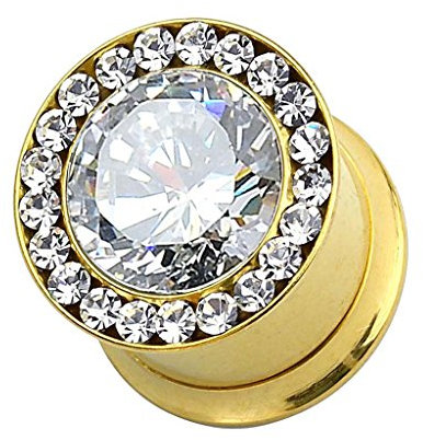 Taffstyle Ohr Plug Flesh Tunnel Piercing Ohrpiercing Edelstahl Gold IP Multi Kristalle 6mm