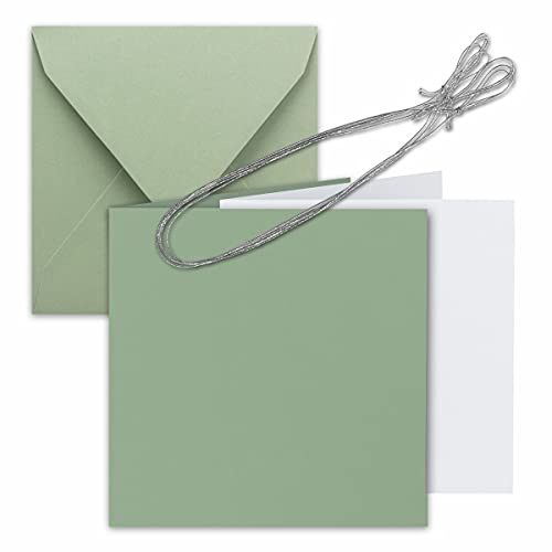 25x Quadratisches Faltkarten Set 15 x 15 cm - mit Briefumschlägen & Einlegeblätter & Schmuckband - Eukalyptus - für Einladungskarten, Hochzeit, Weihnachten - von Gustav NEUSER