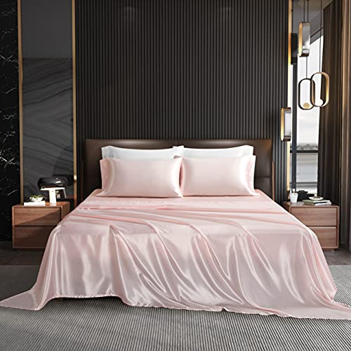 NA HommxJF 4PCS Blush Pink Satin Sheets Queen Size Silky Sheets Sets Lightweight Soft Bedding Sets with 1 Flat Sheet+1 Deep Pocket Fitted Sheet+2 Pillowcases (Blush Pink, Queen)