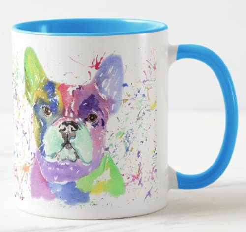 Vixar French Bulldog Frenchie Dog Pet Watercolour Rainbow Art Coloured Mug Cup Gift Birthday Work Office Christmas Tea Coffee (L Blue)