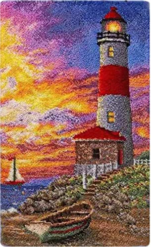 SKTWOE Knüpfteppich Zum Selber Knüpfen Leuchtturm Tapisserie Teppich Knüpf-Sets Kreuzstich Set Knüpfen Set Für Kinder Und Erwachsene DIY Handwerk Geschenke Fußabtreter,110 x 70cm