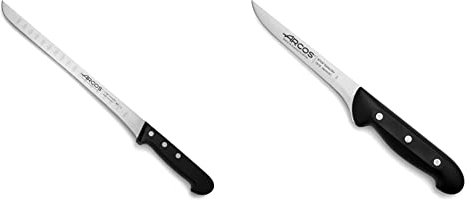 Arcos Serie Universal, Cuchillo Jamonero, Hoja de Acero Inoxidable Nitrum 240 mm con alveoloso + Maitre, Cuchillo Deshuesador, Acero Inoxidable Nitrum 160 mm, Mango Polipropileno Negro