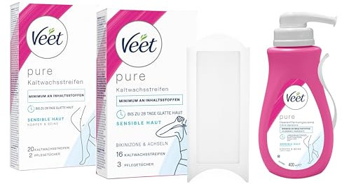 Veet Haarentfernungs-Set für sensible Haut - Bundle mit Enthaarungscreme & Kaltwachsstreifen für den Körper, Achseln, Bikinizone & Gesicht - 3 Artikel