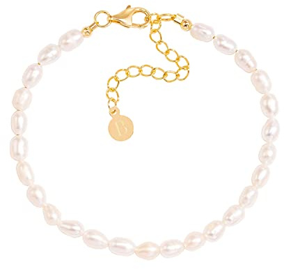 Brandlinger Perlenarmband Damen Silber 925. Armband Perlen vergoldet mit 18 Karat Gold, Schmuck für Frauen und Mädchen. Länge verstellbar 16-20cm.