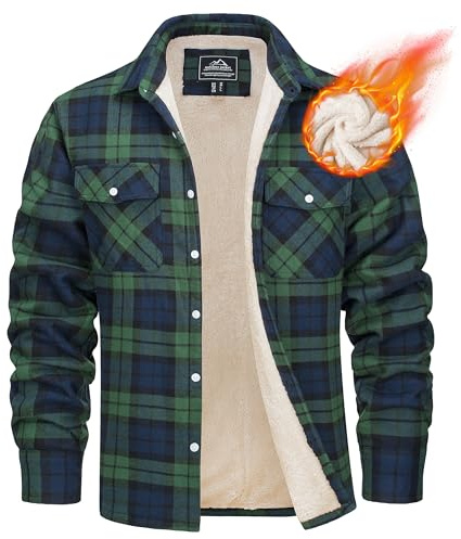 MAGCOMSEN Chaqueta de invierno para hombre, camisa con forro, chaqueta-camisa térmica a cuadros, camisa de ocio con múltiples bolsillos, de algodón, cálida, camisa de leñador, verde, M