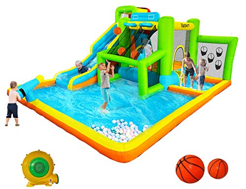 Hüpfburg mit Gebläse Trocken/Wasserrutsch, Wasserpark für Kinder Outdoor Indoor, Wasserhüpfburg Garten XXL mit Kletterwand Trampolin Basketballkorb, Hält bis zu 4 Kinder/140KG, 425 x 355 x 215 cm