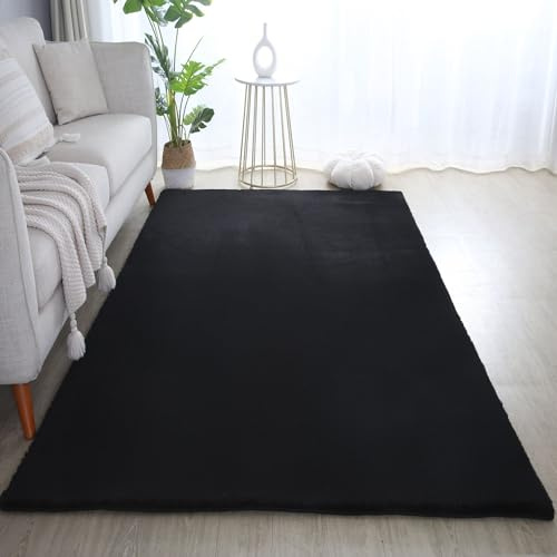 Carpetsale24 Rabbit Hochflor Teppich Läufer 60x110 cm Schwarz Shaggy Modern Flauschig Weich Fellteppich Kunstfell Einfarbig für Flur Schlafzimmer Kinderzimmer