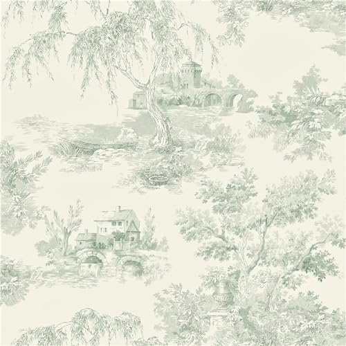Grandeco Wallpaper Toile Trees, Matte, French Style, Green (A69801) | Easy to apply wallcovering, Classic, Bedroom, Study, Living, Dining & Sitting Rooms (10m x 53cm roll)