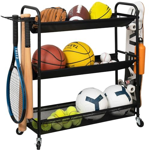 STORAGE MANIAC Basketball Rack 3-Shelf Training Stand Ball Holder Sports Ball Cart Garage Organizer Ball Basket Storage, Ball Rack for Garage or Gym, Indoor & Outdoor Sports Equipment Organizer