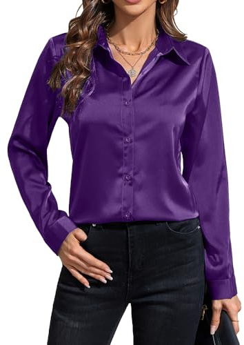 IBAOTORONI Camicie da donna in raso con bottoni, a maniche lunghe, con colletto classico, in seta, con bottoni, top da lavoro casual