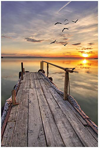 Wallario Glasbild Sonnenuntergang über dem See idyllischer Steg - 60 x 90 cm Wandbilder Glas in Premium-Qualität: Brillante Farben, freischwebende Optik